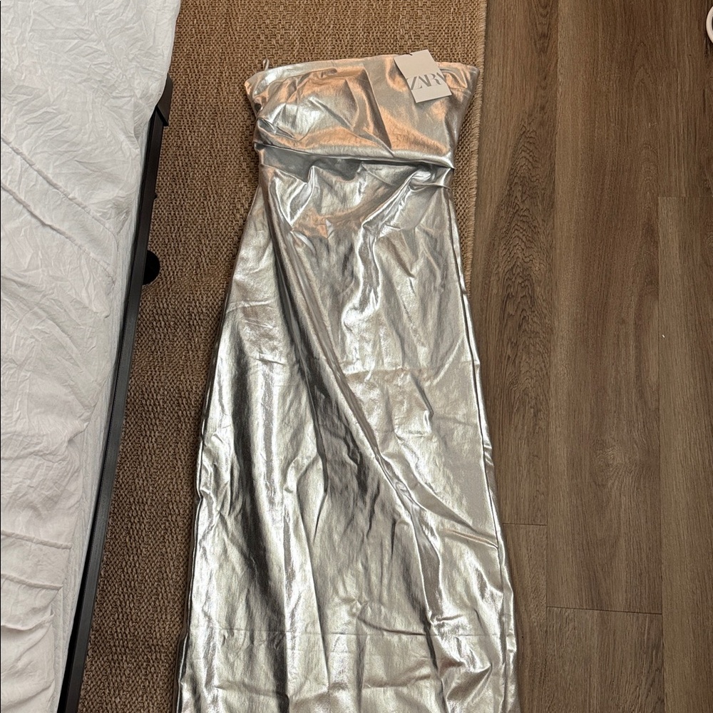 Zara Metallic Silver Strapless Dress